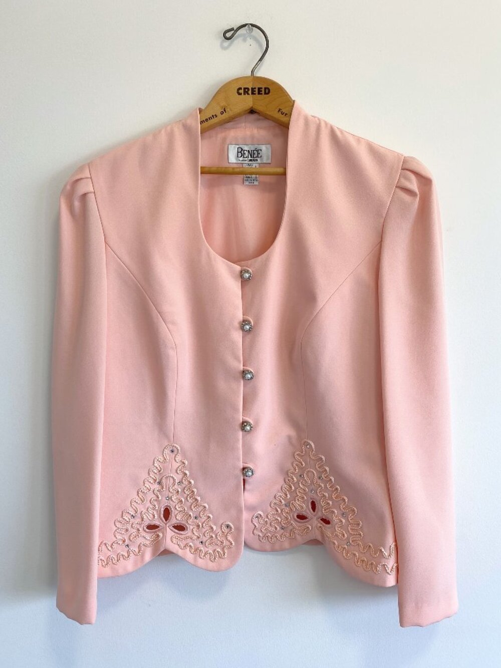 Vintage Pink Puff Sleeve Blazer w/ Rhinestones + Cut-Outs / 80s / Made in Canada